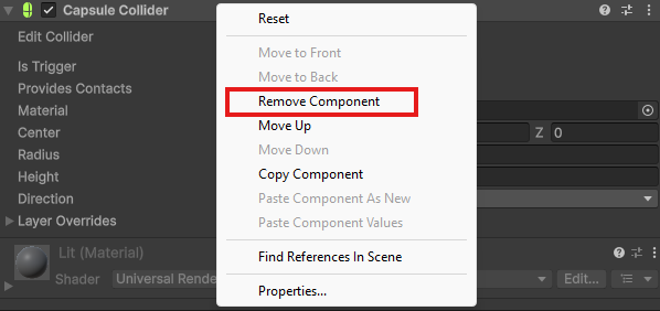 Remove Capsule collider Removing Capsule collider Component